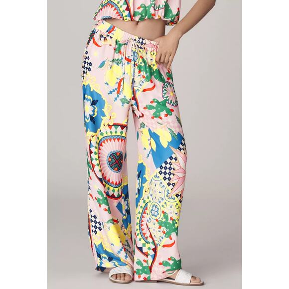 Maeve Anthropologie Pink Multicolor Print Straight Leg Silky Pull On Pants S NWT - Picture 4 of 13